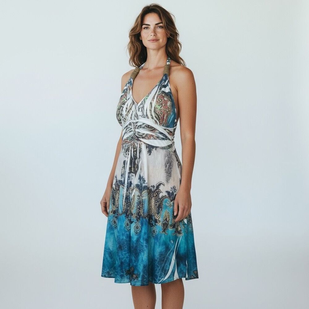 Cristinalove Blue WhiteโGold Halter graphic paisley tie dye Mini Dress size L